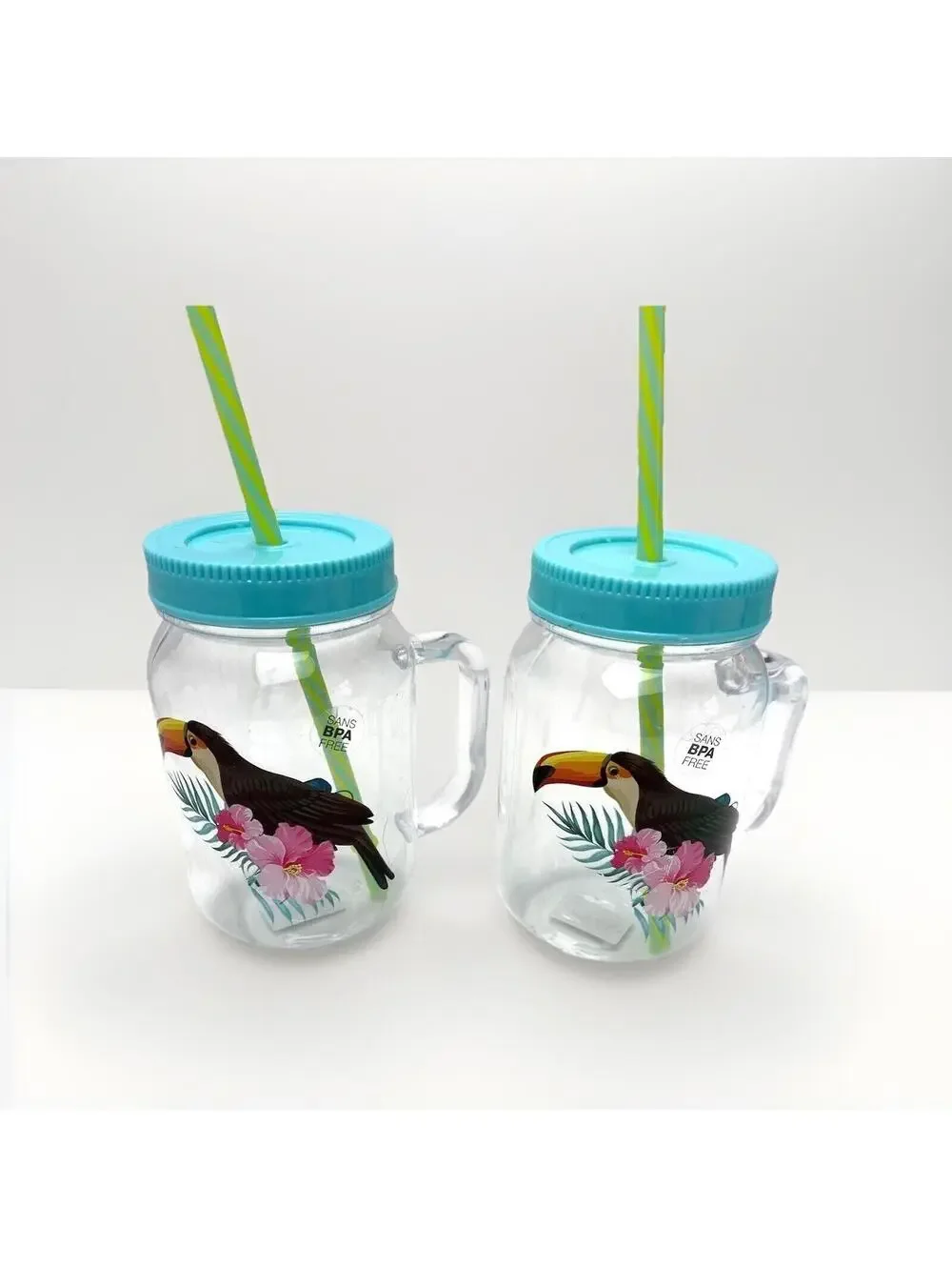 Clear Tumbler Plastic Hawaii Tropical Bird Cups w/ Lids & Straws 2 Cups Set New